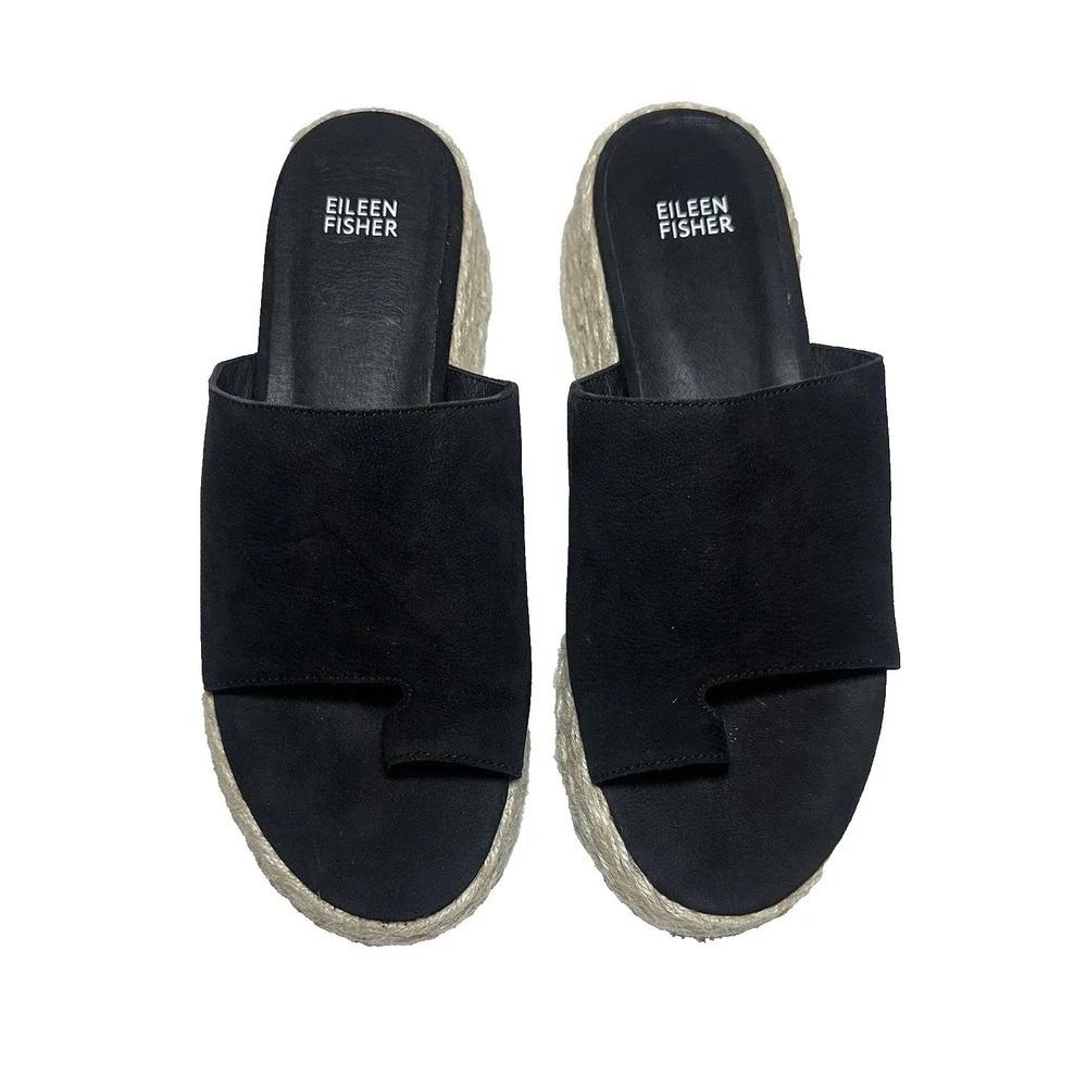 Eileen Fisher 9 Tarry Espadrille Wedge Slide Black Leather Platform Capsule